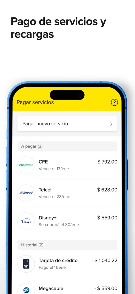 Mercado Pago: cuenta digital - La interfaz de la aplicación permite a los usuarios pagar servicios como CFE y Telcel, mostrando una lista organizada de los próximos vencimientos.