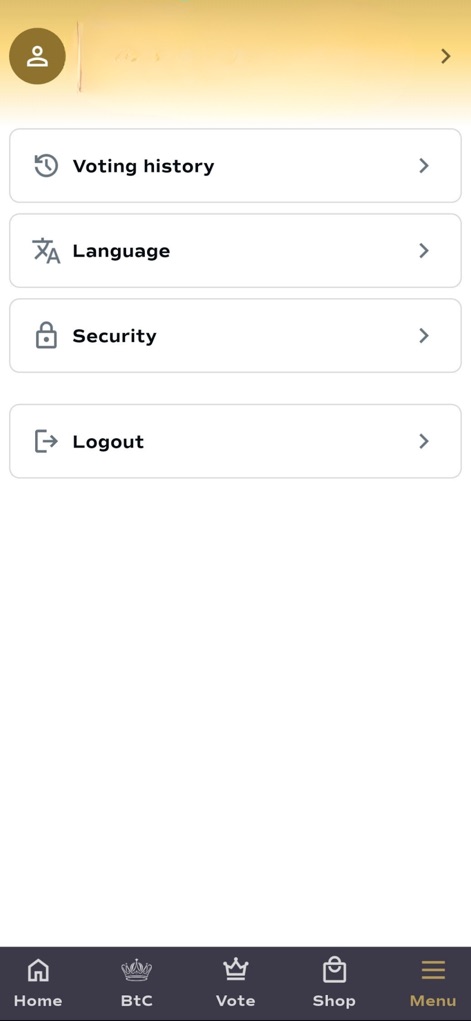 Miss Universe - The app provides comprehensive personal settings, allowing users to conveniently manage their "Voting history" and adjust "Language" preferences for a tailored experience.