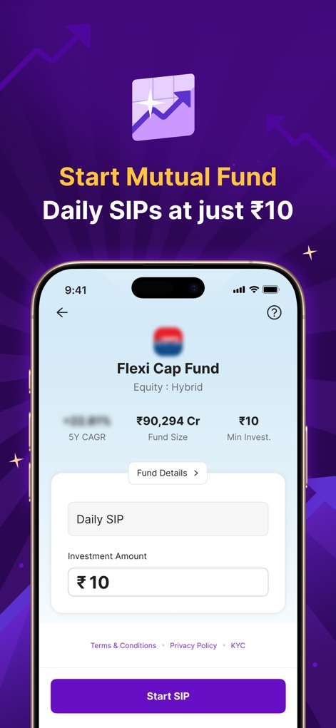 PhonePe: Secure Payments App - Les utilisateurs peuvent démarrer des plans d'investissement systématiques (SIP) dans des fonds communs de placement avec un minimum de 10 ₹ et consulter les détails des fonds, comme le CAGR. 