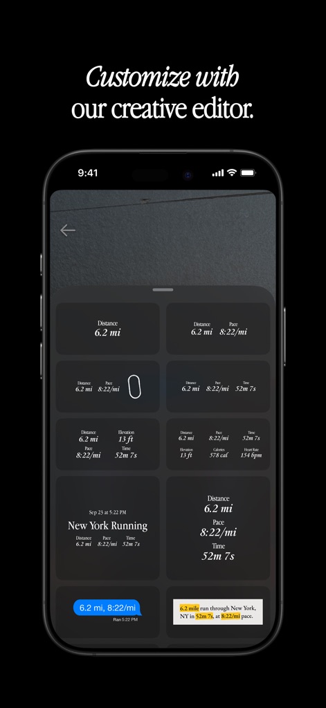 Share Aura - Users can explore diverse design templates for their workout stats, leveraging the creative editor to personalize data presentation with varied layouts and information displays.