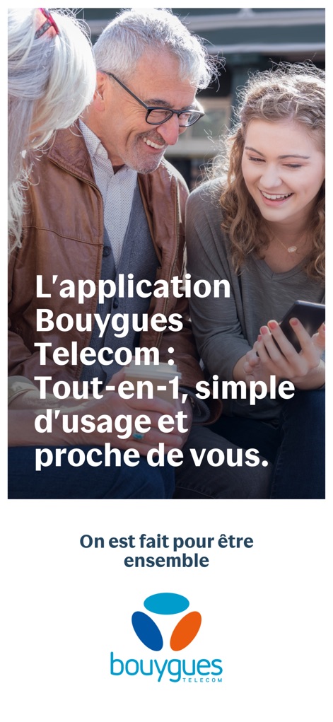 Bouygues Telecom - Découvrez comment l'application communique sa proposition de valeur avec le message 'Tout-en-1, simple d'usage et proche de vous' et un visuel accueillant qui inspire confiance.