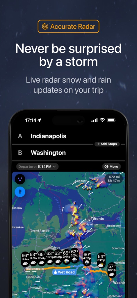 Weather on the Way - The app provides live Doppler radar visualizations for approaching rain and snow, clearly indicating "Wet Road" conditions at various points along the user's journey.