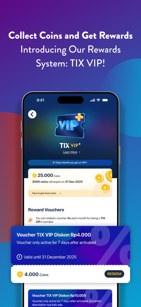 TIX ID - Observe the dedicated 'TIX VIP+' loyalty program screen, highlighting accumulated coins and a clear section for 'Reward Vouchers'.