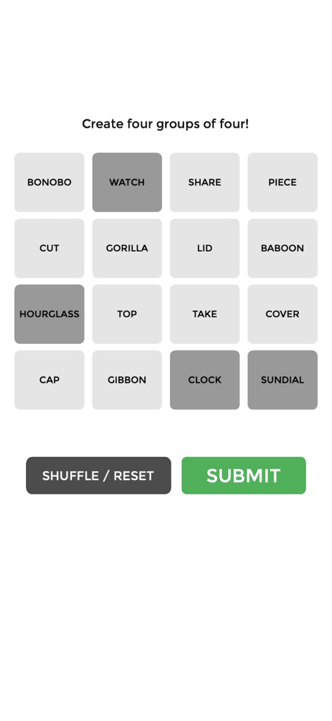 Connect Words - Puzzle Game - Explore the starting grid of scrambled words, presenting a mental challenge, alongside the essential 'Shuffle / Reset' and 'Submit' interaction buttons.