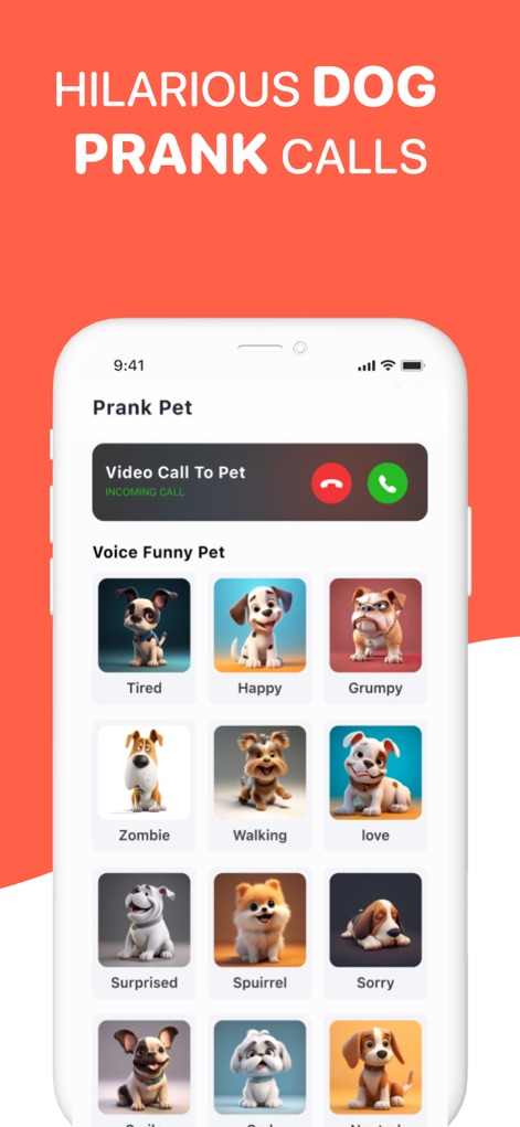 Dog Translator - Dog Talk - La interfaz "Prank Pet" simula una llamada entrante, añadiendo un elemento sorpresa, y una cuadrícula de avatares de perros con expresiones cómicas permite a los usuarios elegir diferentes sonidos de broma.
