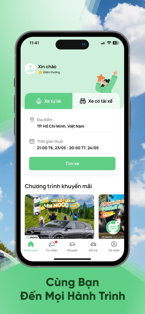 MIOTO - Thuê xe tự lái - The app's user-friendly interface is immediately apparent with clear options for "Self-drive car" or "Car with driver," alongside quick input fields for location and time.