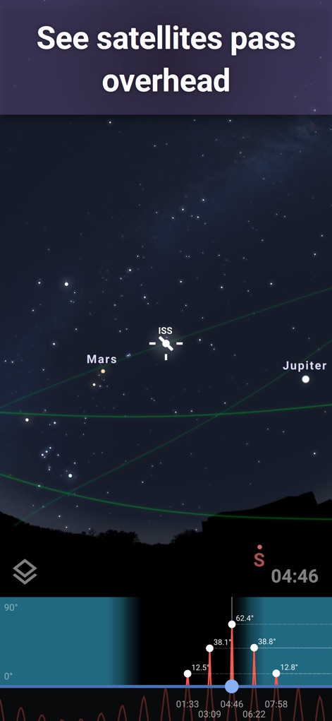 Stellarium Mobile - Star Map - Observe artificial satellites, such as the ISS and major planets, with a detailed timeline graph predicting pass times and altitudes.
