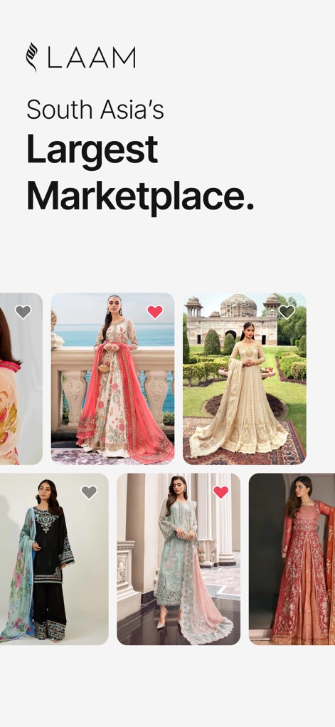 LAAM – Online Shopping App - Die Startseite präsentiert die App als größten Marktplatz Südeasiens, mit prominent platzierten Modellen in eleganter Kleidung und einer Herz-Icon-Funktion zum einfachen Speichern von Favoriten.