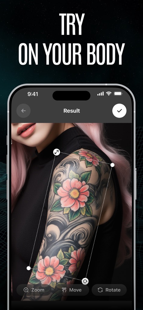 Tattoo AI Design Generator－Ink - Users can digitally preview tattoo placements on their body, adjusting the size and rotation of designs with intuitive controls.