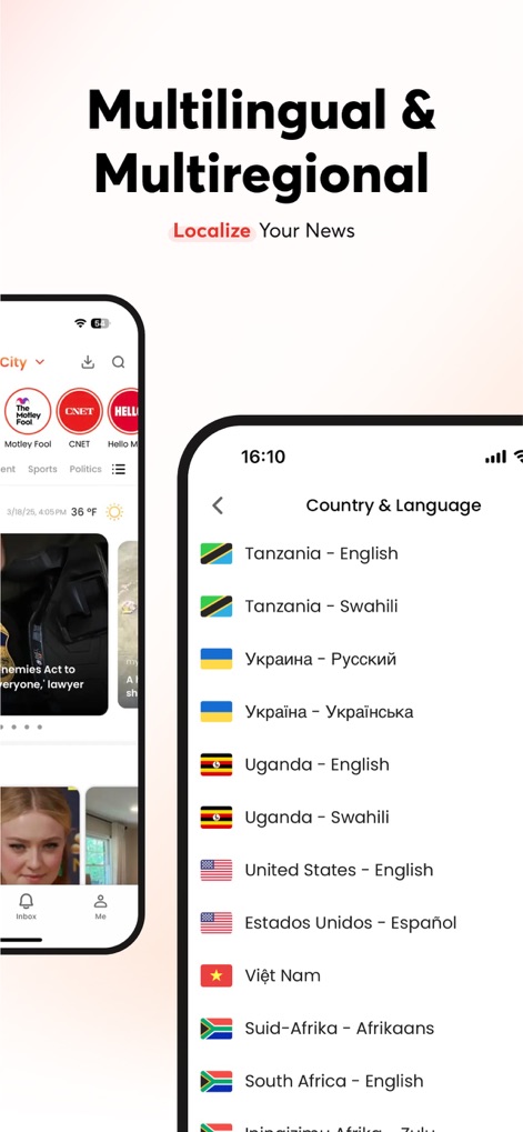 Opera News: Breaking & Local - Explore the app's extensive "Country & Language" settings, allowing users to localize their news experience with options like 'Tanzania - Swahili' and 'Ukraine - English'.