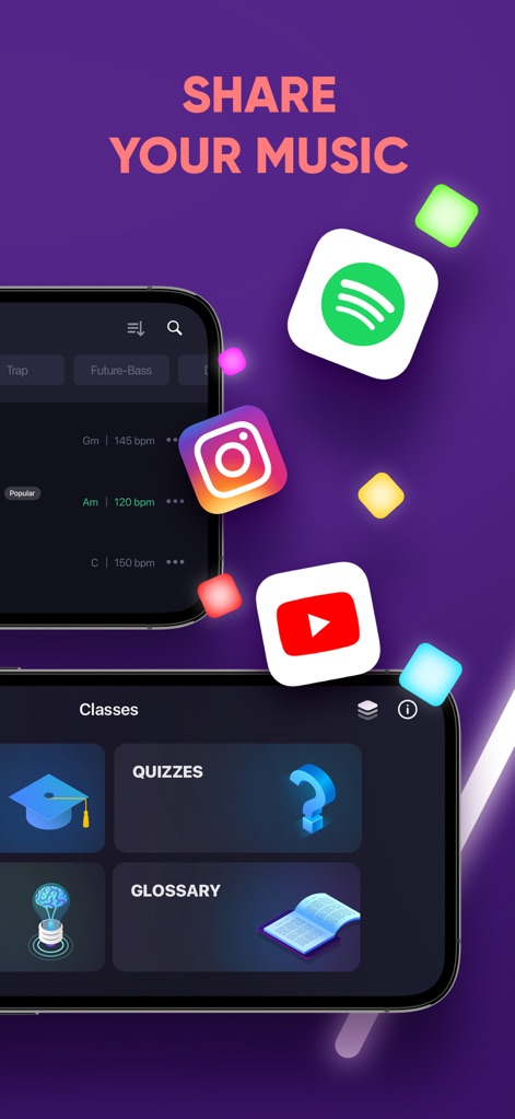 DJ it! Virtual Music Mixer app - Élargissez vos connaissances avec des quiz interactifs et un glossaire exhaustif, puis partagez vos créations musicales sur des plateformes comme Instagram.