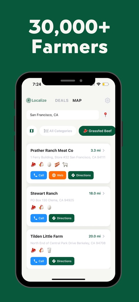 Localize - Farmers Market - This tool presents a detailed directory of local farms, showing farm names and distances, alongside direct contact options for seamless communication.