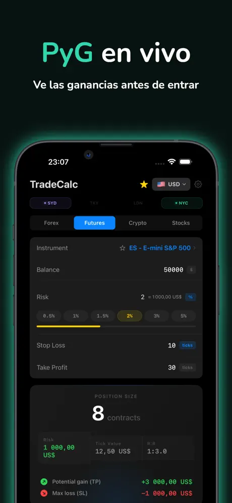 TradeCalc Tamaño de Posición — captura de pantalla del iPhone 5