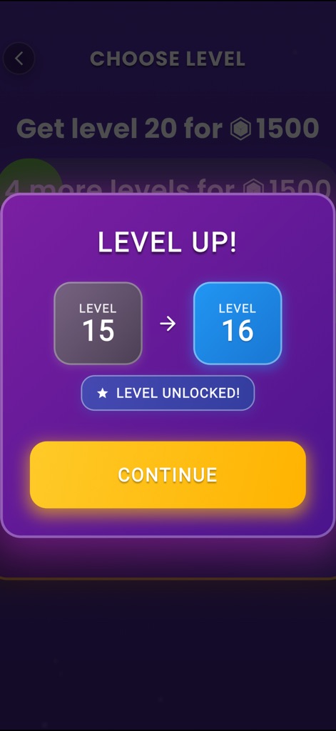 RBX Winner Quiz - Users receive immediate 'LEVEL UP!' confirmation displaying their transition from 'Level 15' to 'Level 16', ensuring clear progression feedback.