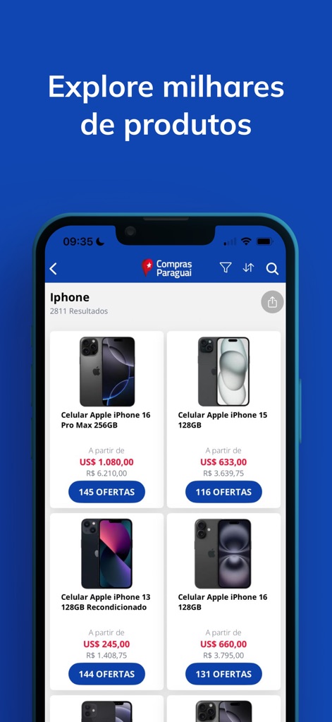 Compras Paraguai - L'application donne accès à un vaste catalogue de produits avec des vignettes claires et permet d'affiner la recherche grâce aux filtres avancés visibles en haut de l'écran.