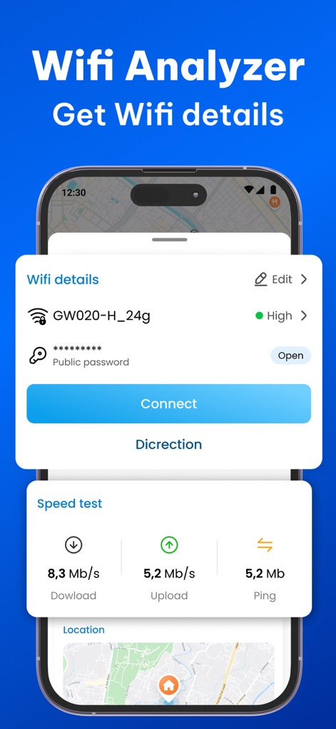 WiFinder: Wifi Location Map - Users can gain immediate performance insights from the dedicated 'Speed test' section, complemented by the 'Wifi details' pop-up showing connection quality.