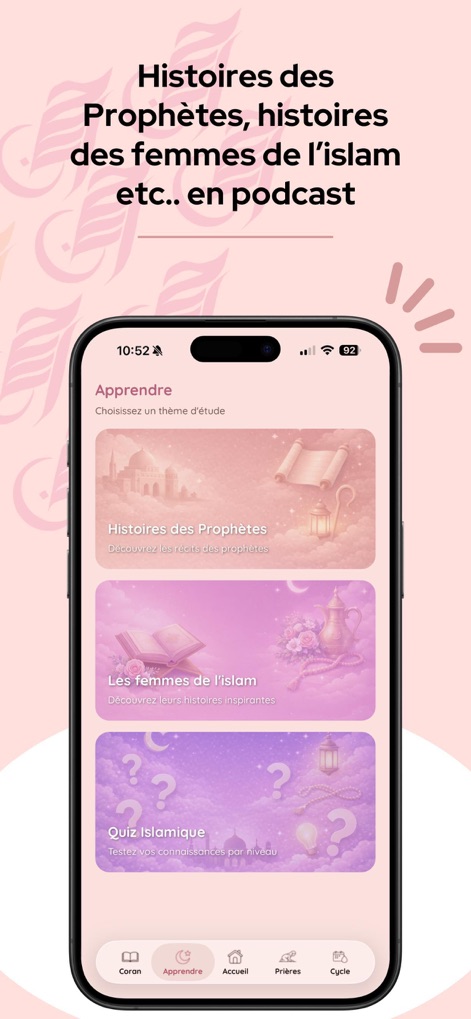 Ihsan - Salat & Dhikr - 이 앱의 학습 섹션은 '예언자 이야기'와 '이슬람 여성 이야기'와 같은 다양한 주제를 통해 사용자에게 풍부한 지식과 영감을 제공합니다.