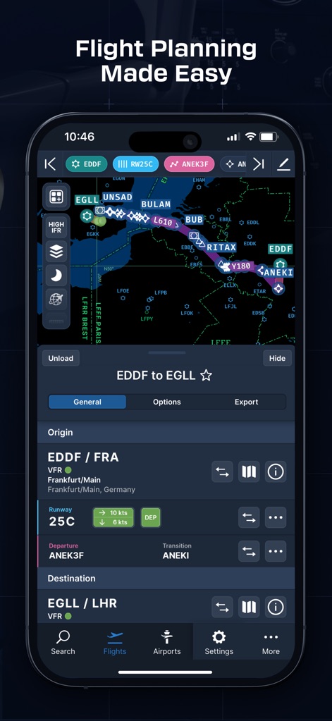 Navigraph Charts - The app streamlines flight planning with a dedicated interface, allowing users to easily configure origin/destination details and select specific departure/arrival procedures.
