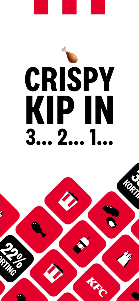 KFC Nederland - Dieser Startbildschirm fängt die Aufmerksamkeit des Nutzers mit dem Slogan 'CRISPY KIP IN 3... 2... 1...' ein und zeigt eine Vielzahl von roten Icons, die auf exklusive Angebote und Rabatte wie '22% KORTING' hinweisen.