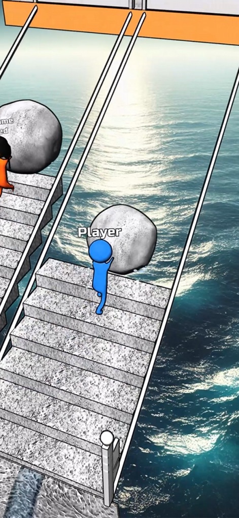 Bridge Race - Users can see the 'Player' character pushing a textured stone-like sphere, ascending stairs against a serene ocean backdrop.