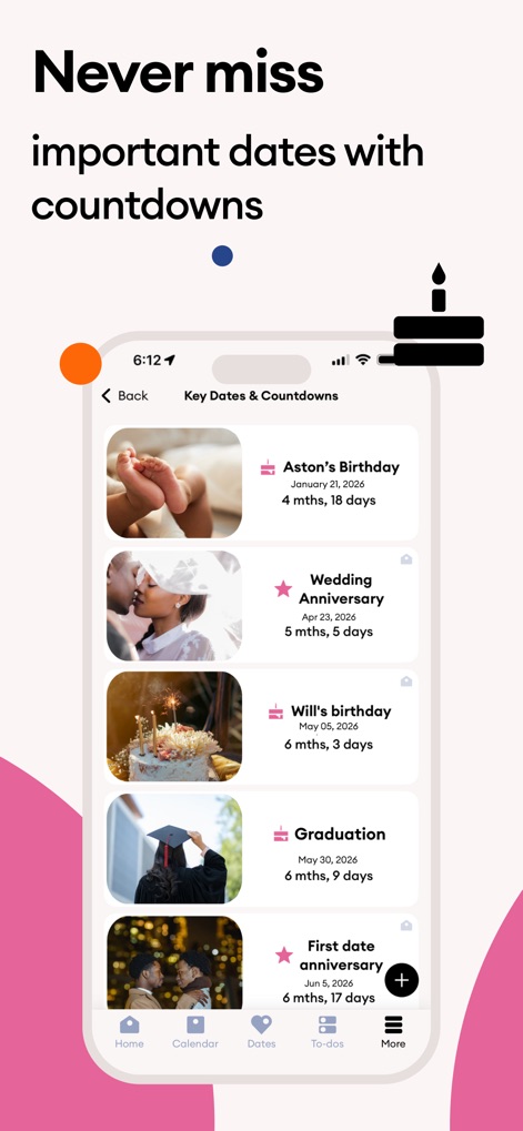Cupla: Shared Couples Calendar - Never overlook significant milestones with the 'Key Dates & Countdowns' feature, meticulously tracking anniversaries and birthdays with precise time remaining.