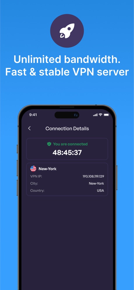 VPN - Super Unlimited Proxy App Store screenshot 4, headline “Unlimited bandwidth. Fast & stable VPN server”. Dark.