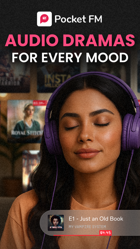 Pocket FM: Audio Dramas App Store screenshot 1, headline “AUDIO DRAMAS”. Headline in capitals.