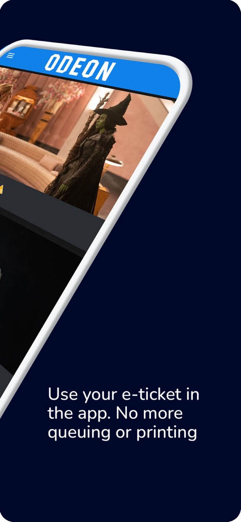 ODEON - Esta interfaz intuitiva asegura que los usuarios dispongan de sus entradas electrónicas de forma inmediata, eliminando la necesidad de imprimir y con una clara visualización del logo 'ODEON' en la parte superior y la imagen de un personaje como 'Wicked' en el fondo.