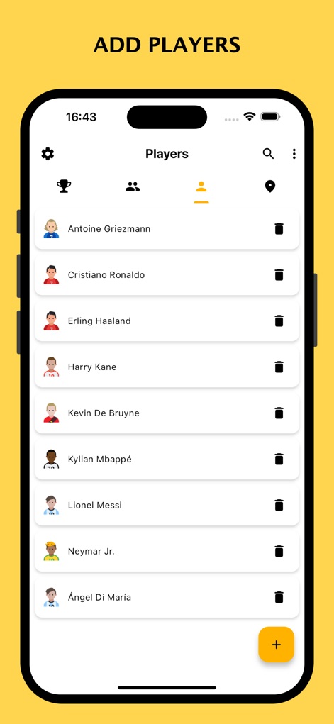 Winner - Tournament Maker App - The app allows for simple player roster creation, displaying player names and a dedicated 'Players' tab for streamlined management.