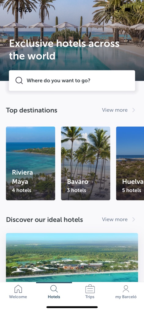 Barceló Hotel Group - Die App ermöglicht die Hotelsuche über eine intuitive Suchleiste und präsentiert eine Auswahl an Top-Destinationen mit inspirierenden Bildern.