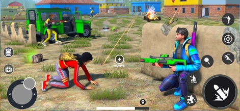Cover Fire 3D: Gun Games 2026 - Esta captura destaca el juego en equipo, con un jugador cubriendo a un compañero caído que necesita ser revivido, mientras que un vehículo todo terreno en segundo plano sugiere opciones de transporte.