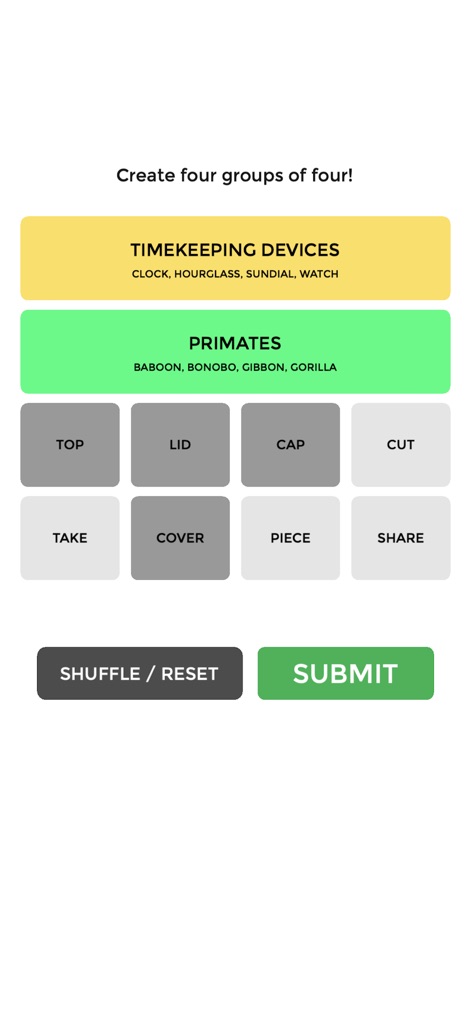 Connect Words - Puzzle Game - Observe the interactive word tiles and the clear category groupings as users progress through the puzzle, defining connections for a complete solution.