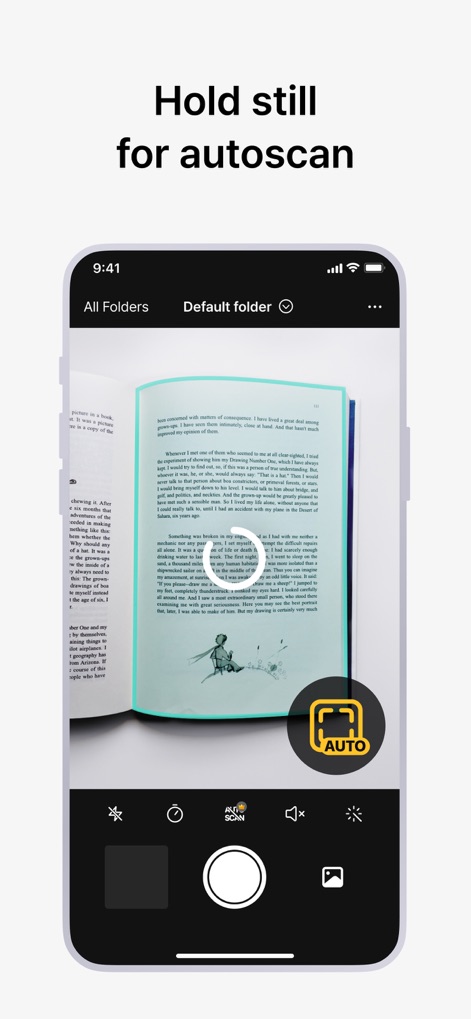 vFlat Scan - PDF Scanner, OCR - La aplicación facilita la captura automática con solo mantener el dispositivo quieto, indicado por el 'icono de 'AUTO'' y el 'círculo de enfoque' en el centro de la pantalla.