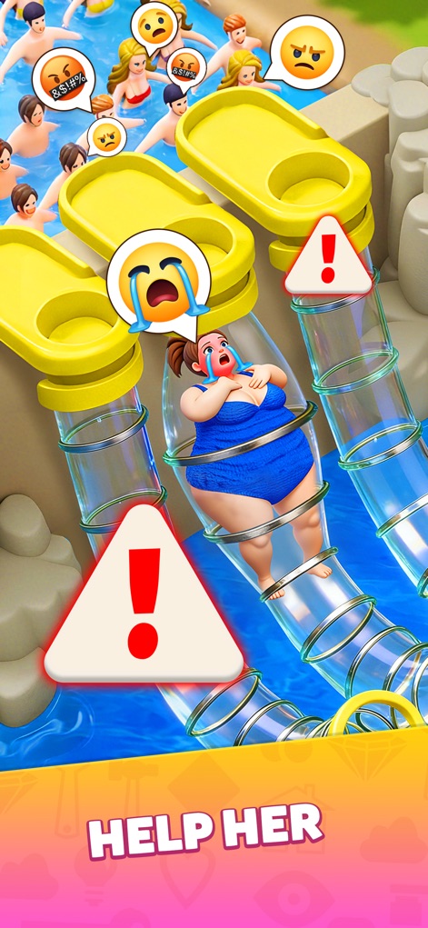 Carnival Tycoon: Coin Games - The app challenges players with immediate problems, like rescuing a trapped guest from a water slide, highlighting the interactive problem-solving elements.