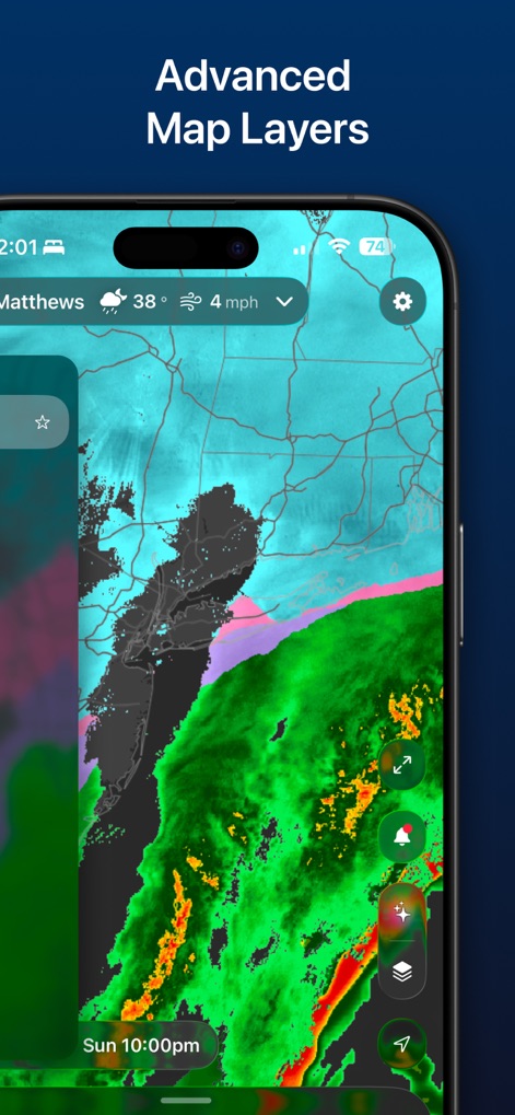 Storm Radar: Weather Tracker - The app displays advanced radar data, showcasing evolving weather patterns and providing real-time conditions like current temperature and wind speed.