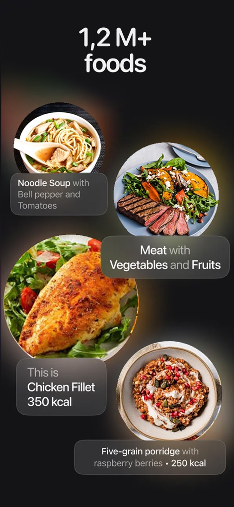 Calorie AI - Food Scan - La aplicación presume de una extensa base de datos con más de 1,2 millones de alimentos, ofreciendo ejemplos como la "sopa de fideos" y "filete de pollo".