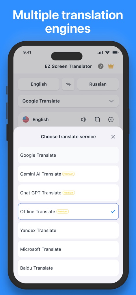 EZ Screen Translator - Explore the variety of translation services available, from Google Translate to premium options like Gemini AI and Offline Translate, giving users flexibility in their engine choice.