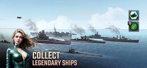Uboat Attack - This screenshot highlights the impressive collection of legendary ships available to command, from submarines to aircraft carriers, alongside strategic map elements like the island and radar icons.