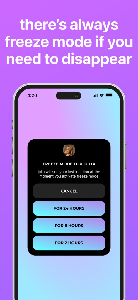 Blink — Friends circle - Users can activate Freeze Mode with customizable duration options, allowing control over location visibility.