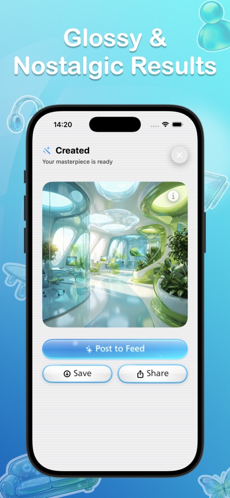 Frutiger Aero AI Art: Aesthify - Cada obra maestra generada ofrece superficies reflectantes y los icónicos tonos verdes y azules del Y2K, capturando la esencia del diseño de principios de los 2000.