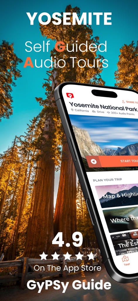 Yosemite GyPSy Guide Tour - L'app offre una guida completa al Parco Nazionale di Yosemite, evidenziando oltre 200 punti audio e presentando un'interfaccia intuitiva per iniziare facilmente il tour.