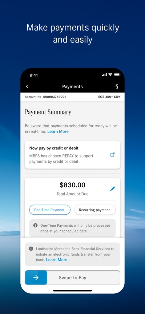Mercedes-Benz Finance (USA/CA) - Users can swiftly make payments through the intuitive payment summary interface, choosing between one-time or recurring payment options and confirming with a simple "Swipe to Pay" action.