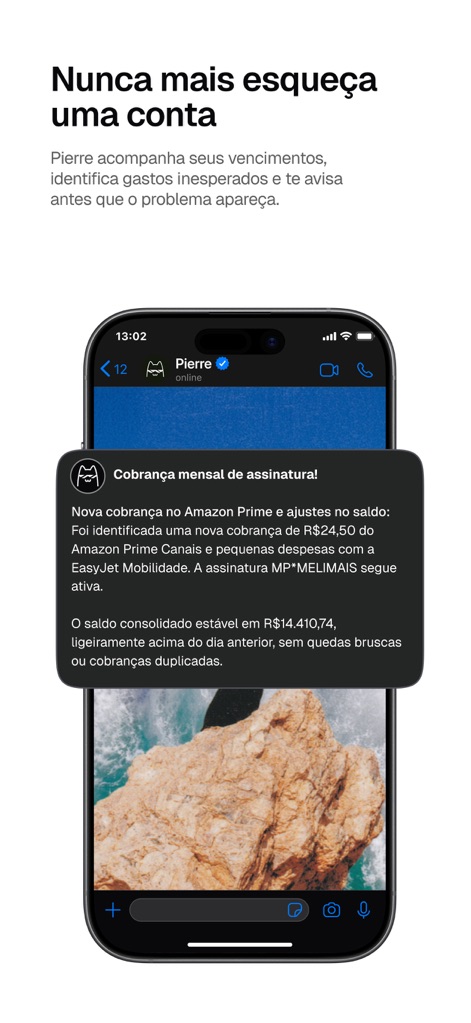 Pierre: Controle de gastos IA - O aplicativo envia notificações proativas, como o alerta de 'Cobrança mensal de assinatura!', detalhando despesas como a da 'Amazon Prime Canais' e a situação consolidada do saldo.