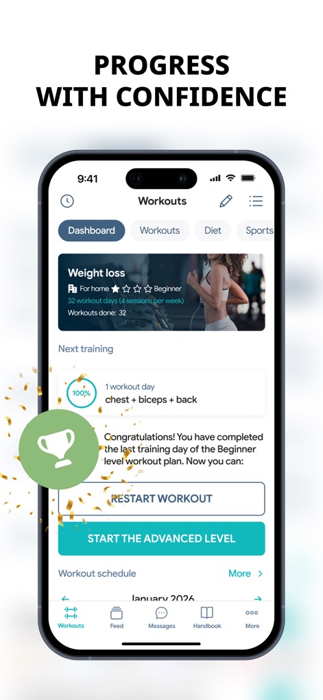 Fitness App: Gym Workout Plan - Nutzer erhalten eine klare Übersicht über ihren Trainingsfortschritt und abgeschlossene Pläne, inklusive einer motivierenden Erfolgsmeldung und der Option, direkt zum nächsten Trainingslevel zu wechseln.