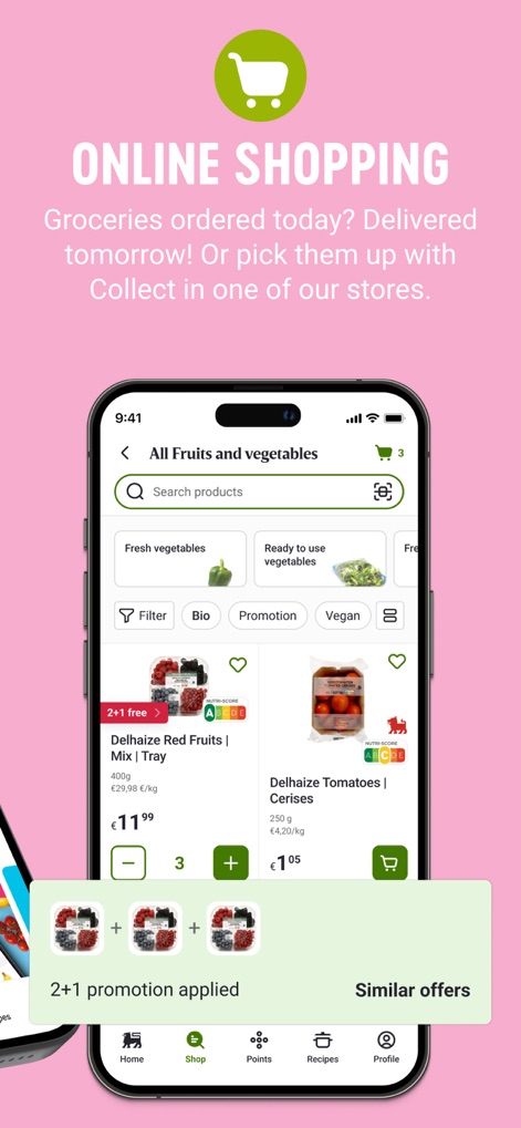 My Delhaize - Users can easily navigate through product categories using specific "Filter" options and visualize applied "2+1 promotion applied" offers.