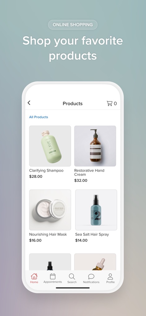 Vagaro - This tool presents a clear online shopping interface featuring product images and transparent pricing for items like 'Clarifying Shampoo' and 'Restorative Hand Cream'.