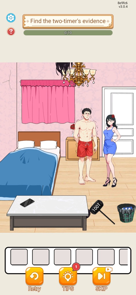 Tricky Puzzle: Brain Quest - An intricate domestic interior serves as the stage for players to uncover hidden elements, with a clear '0/10' progress indicator tracking discovered evidence and interactive action buttons below.