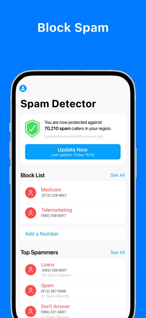 Sync.me - Caller ID & Contacts - Esta captura de tela apresenta o recurso de detecção de spam, destacando a proteção contra "70,210 spam callers" na região e a personalização através da "Block List" para números indesejados.