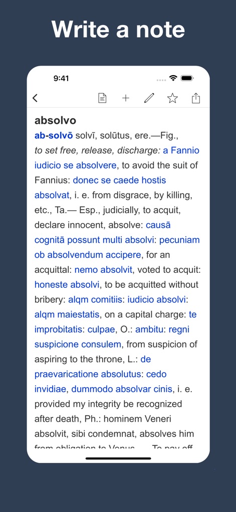 Latin Dictionary Lewis & Short - Os usuários podem adicionar notas personalizadas a qualquer verbete, como visto com 'absolvo', utilizando a funcionalidade de anotações no cabeçalho e salvando informações relevantes.
