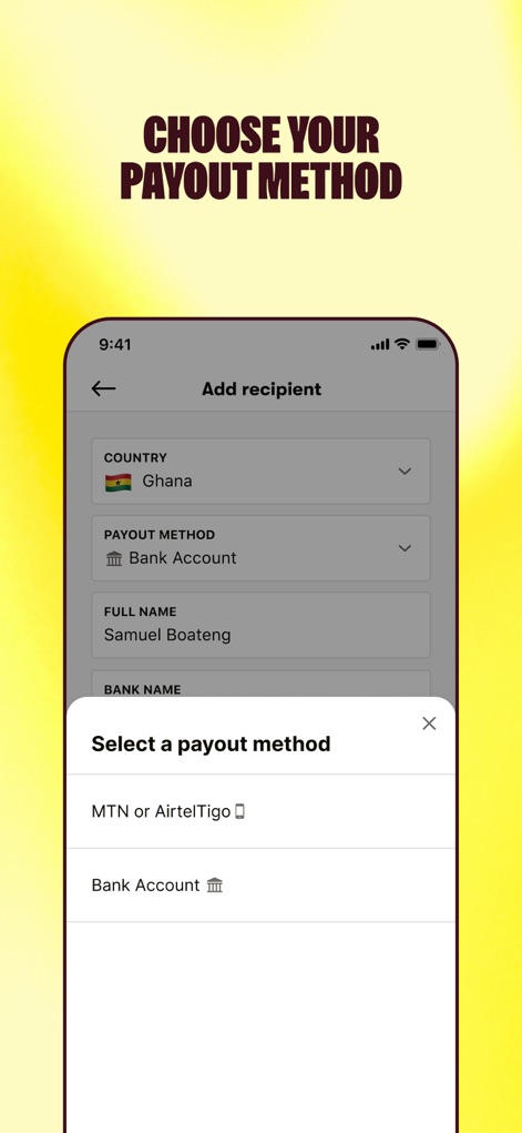 Sendwave Send & Transfer Money - Discover the app's flexible payout options, allowing users to choose between mobile money wallets and bank accounts, presented with clear method selection.